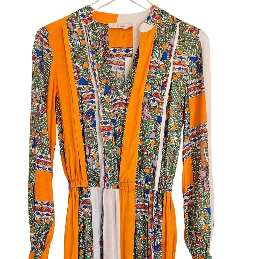 Tory Burch Orange Cream Silk Geometric Botanical Print Midi Dress Size‎ 2